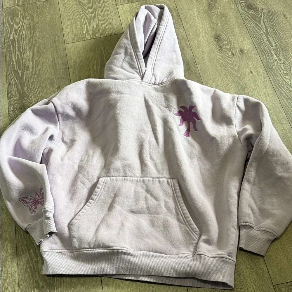 Lilac Pullover Hoodie with Pink Palm Puff & Butterfly Motifs - Picture 1 of 3